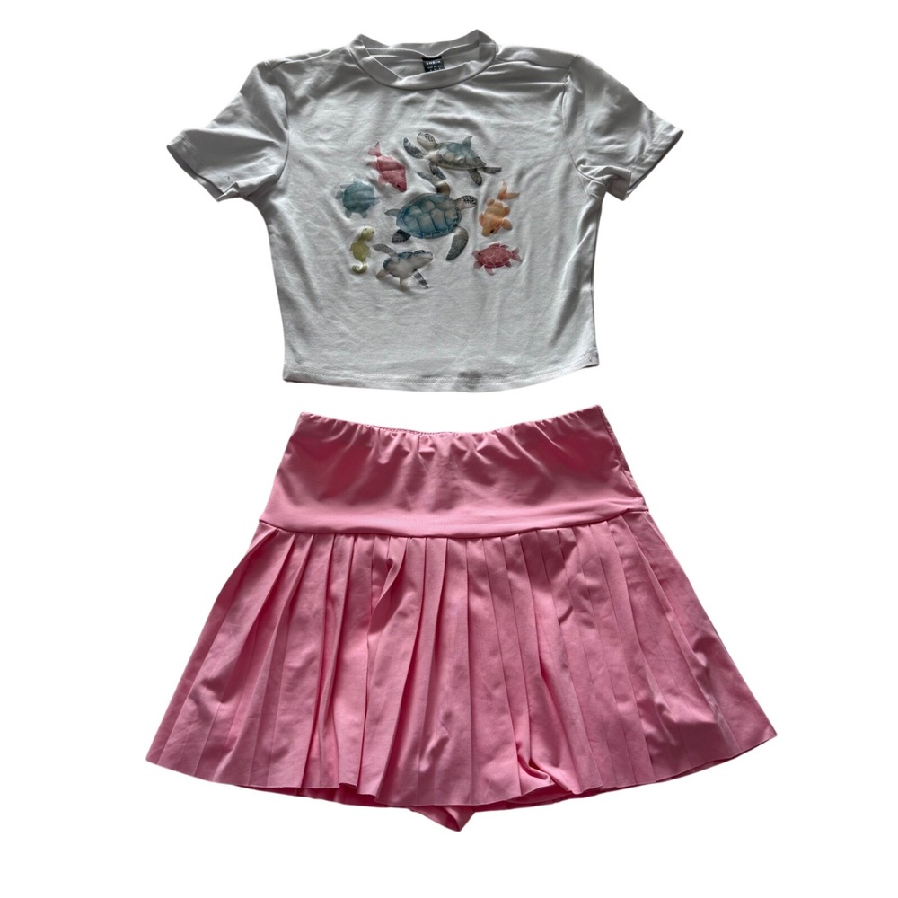 Shein 2-Piece Set Girls Size 8 White Sea‎ Turtle Crop Top Pink Pleated Skort